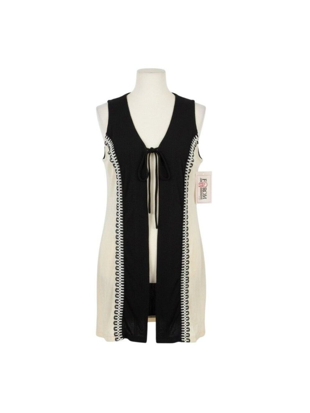 Forom Womens Black & Cream Sleeveless Open Front Cardigan Vest With Tie Detail